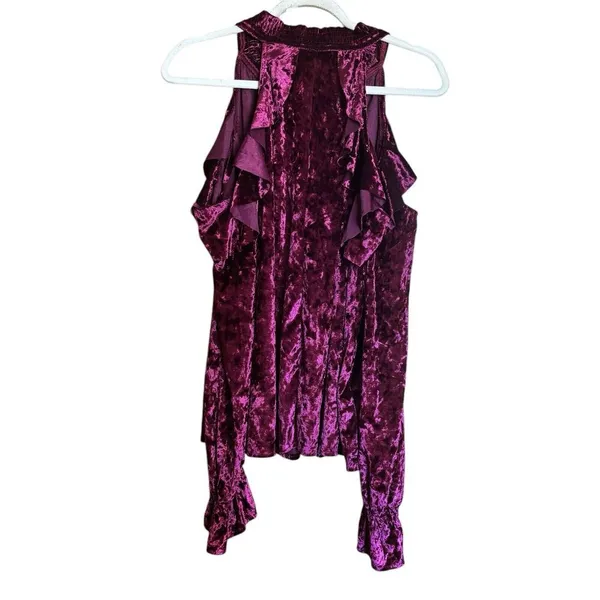 Umgee Top Womens Large Burgundy Crushed Velvet Ruffle Cold Shoulder Blouse - Image 5