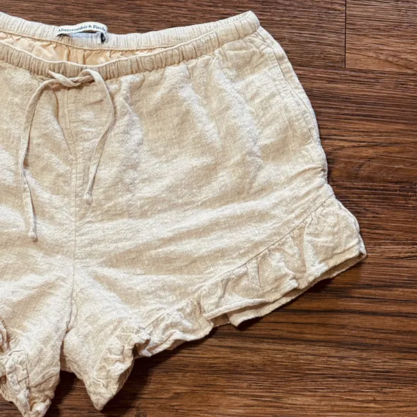 Abercrombie & Fitch Pull On Linen Blend Ruffle Drawstring Shorts Cream Beige M - Image 3