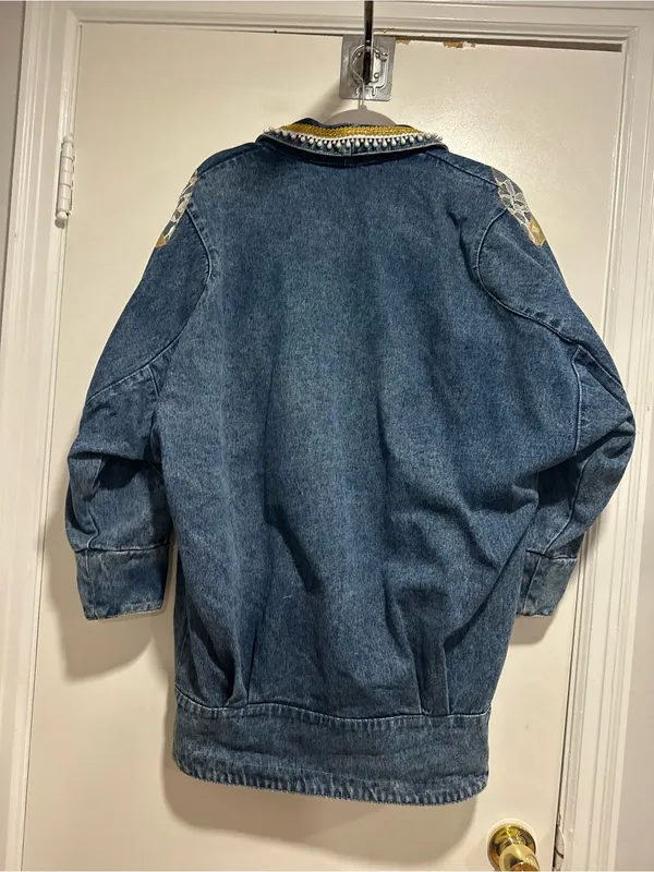 VTG 80s AFSY SzS Loose embellished denim coat gold metallic appliqué lace bead. - Image 2