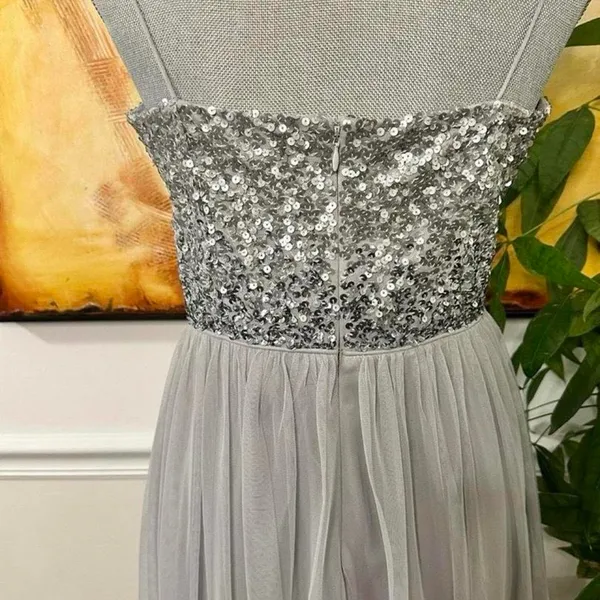 Adrianna Papell Sequined Tulle Gown Silver Grey Size 8 medium - Image 7