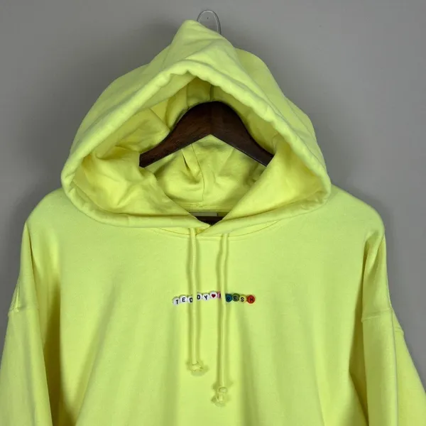 Teddy Fresh Hoodie Womens XL Highlighter‎ Neon Yellow Cropped 100% Cotton Beaded - Image 3
