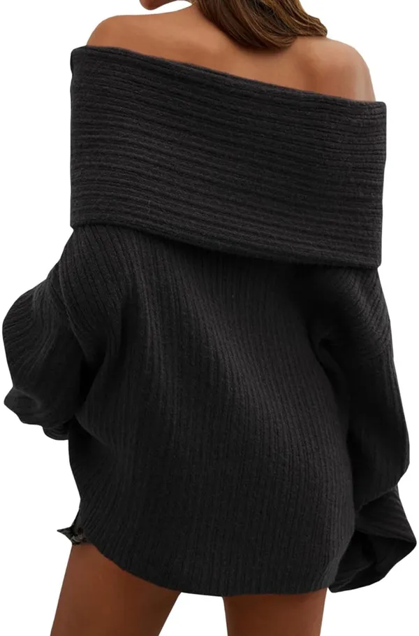 Women’s Black Off-Shoulder Ribbed Sweater - Image 2