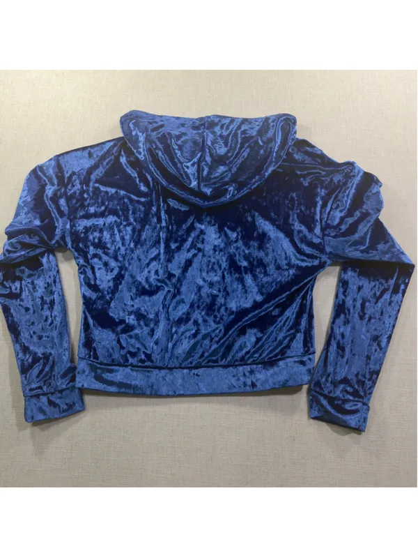Fabletics Royal Blue Crushed Velvet Zip Up Cropped Hoodie Medium - Image 7