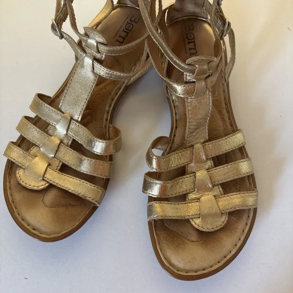 Born Gold Strappy Flat Leather Open Toe Buckle Sandals 36.5 Size 6 - Image 3