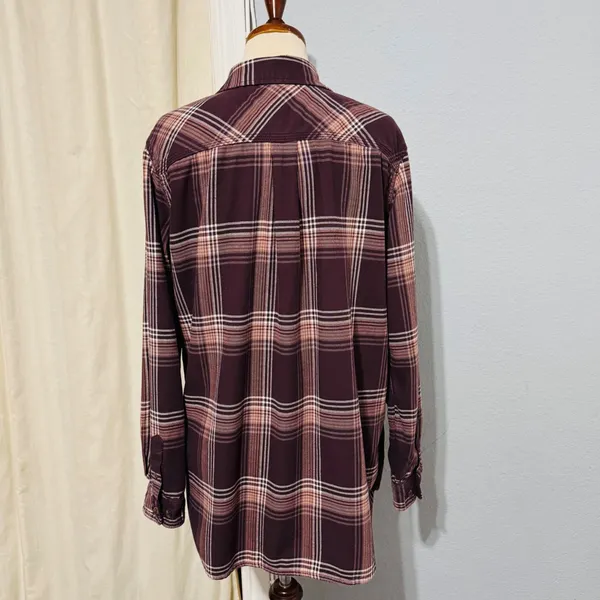 Carhartt 100% Heavy Coton Womens Burgundy Plaid‎ Flannel Henley Popover Size L - Image 3