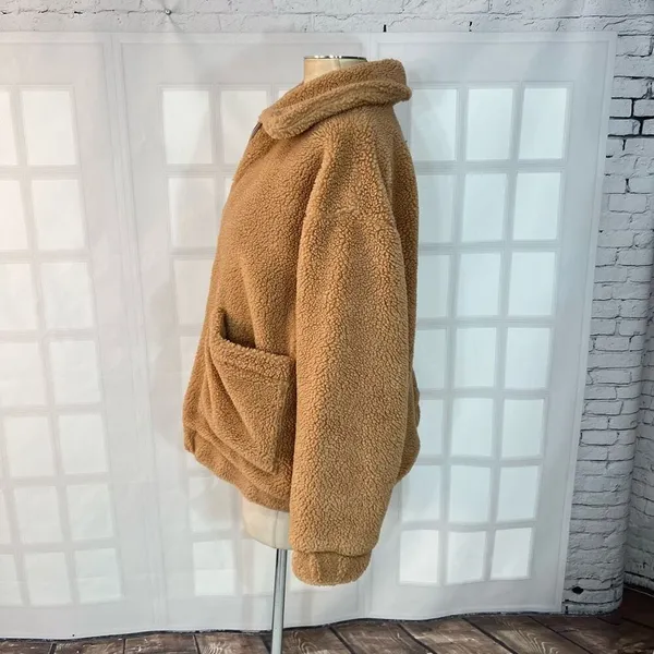 I Am Gia Tan Collared Full Zipper Lined Teddy Jacket Size Small - Image 8
