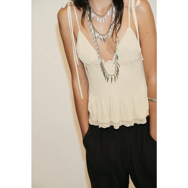 NWT Zara Tan Smocked Tie Straps Lace Trim Top Size Medium 0881/010 - Image 3