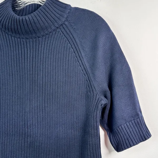 Lands End Navy Blue Ribbed Mock Neck‎ Short Sleeve Cotton Sweater XL 18 - Image 5