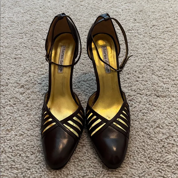 Charles David Dark Brown Stiletto Heels, Caged Design OnToe And Ankle Strap. - Image 2