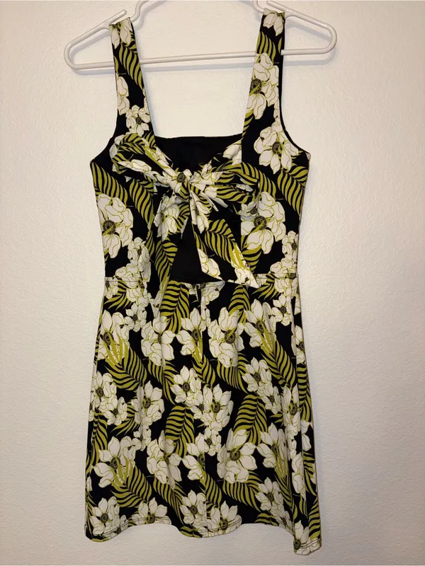 Tropical Floral Square Neck Bow Tie Back Mini Dress Olive Green White Black - Image 3