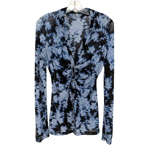 Free People Lucky Shirtee Top Womens S Blue Floral Sheer Ruched Boho Y2K Indie - Image 2
