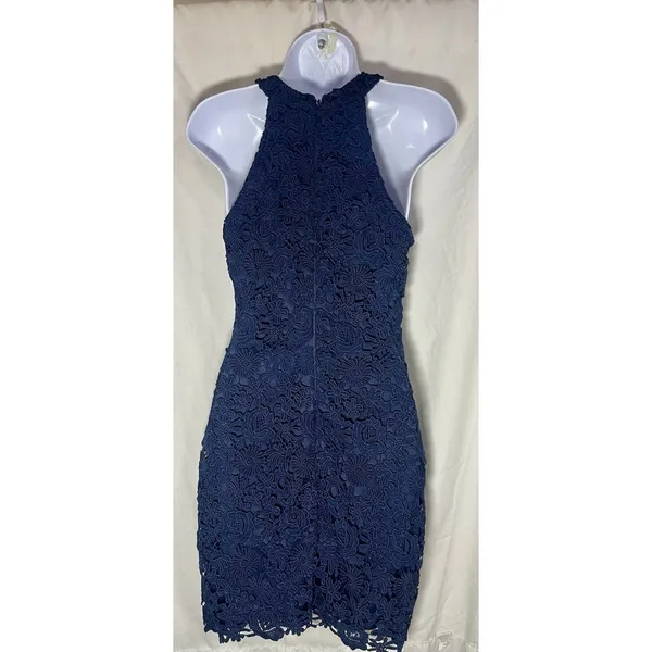 Lulus Navy Blue Floral Crochet Lace Halter Neck Bodycon Mini Dress Style 61976A - Image 3