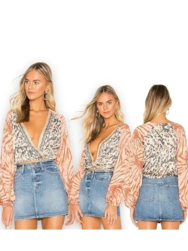 Free People Floral & Tie-Dye Wrap Blouse in Peach and Navy - Image 2