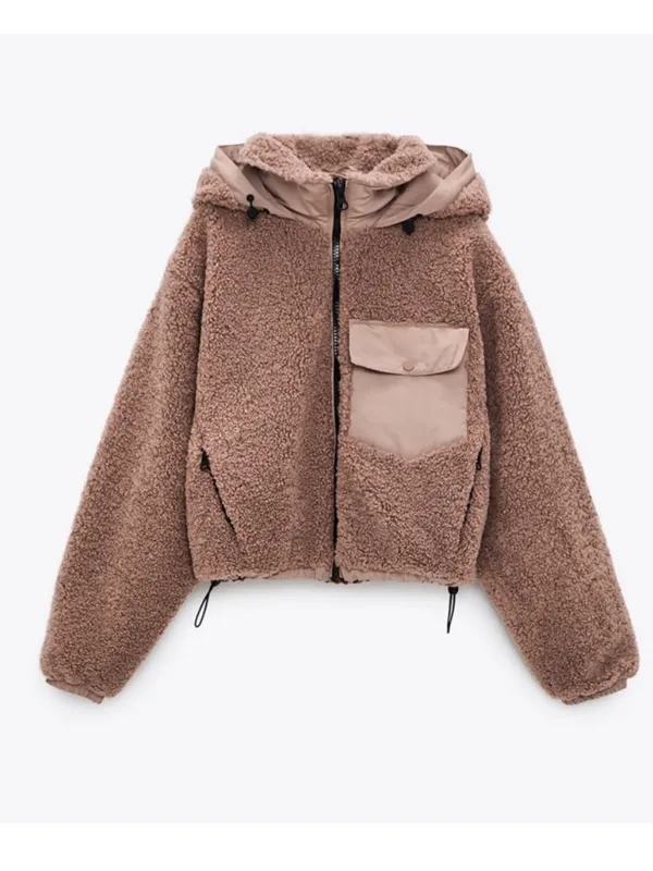 ZARA Sherpa Contrast Hooded‎ Bomber Jacket size Medium Teddy - Image 3