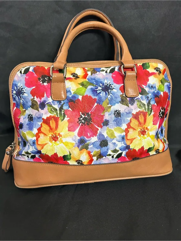 Bueno Floral Dome Satchel Handbag with Tan Trim & Red Interior - Image 2