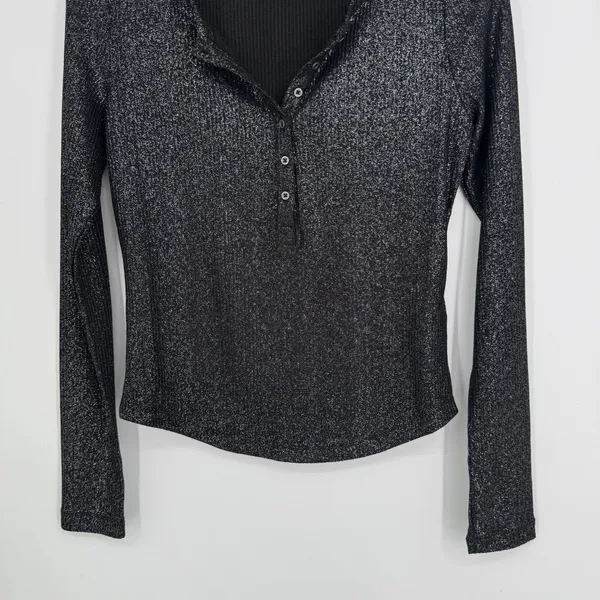 Anthropologie Pilcro Andie Ribbed Spotlight Henley Small Black Metallic Long Sleeve Goth Party - Image 6