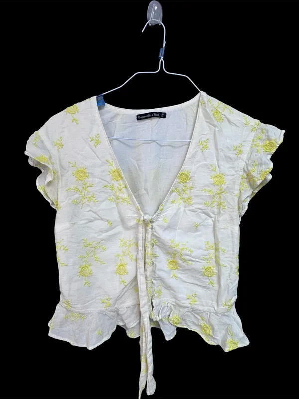 Abercrombie & Fitch White Tie-Front Top with Yellow Floral Embroidery - Image 2