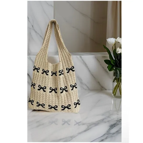 Zenana Coquette Bow Knit Tote Bag Crochet Ribbon Shoulder Bag - Image 4