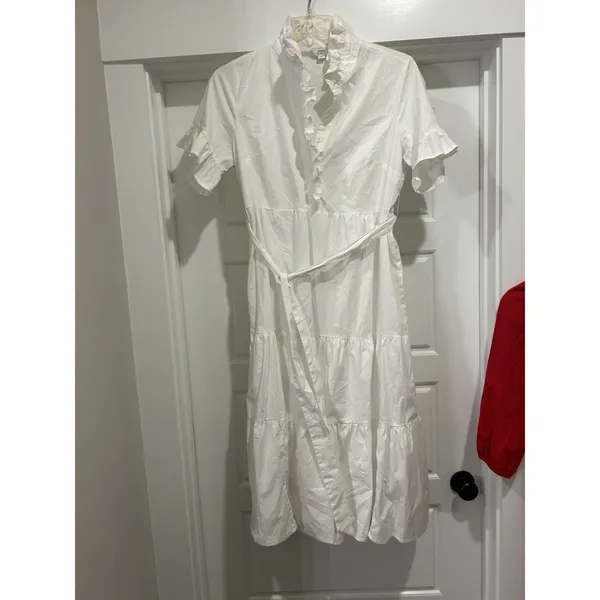 Crown & Ivy White Cotton Tiered Ruffle Midi Dress sz Large Modest Teacher Church - Image 6