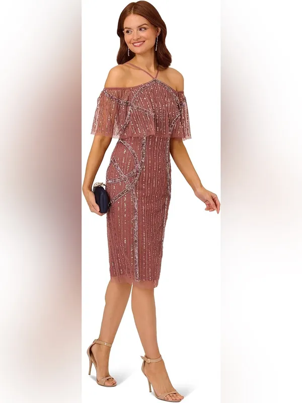 NWT Adrianna Papell Beaded Off Shoulder Midi Dress – Plum – 6 - Image 2