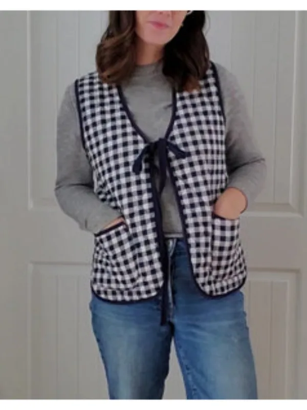 FREE PEOPLE Claudine Quilted Vest in Gingham Blue Size X-Small - Image 7