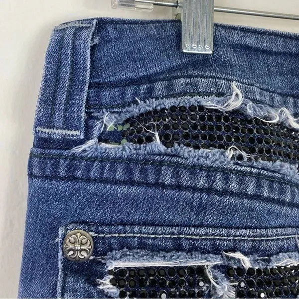 Miss Me Dark Wash Low Rise Rhinestone Embellished Flap Pocket Bootcut Jeans - Image 6
