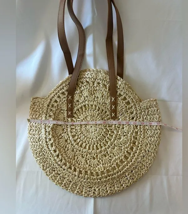 Woven Raffia Hobo bag with Leather straps\lined Brown - Image 2