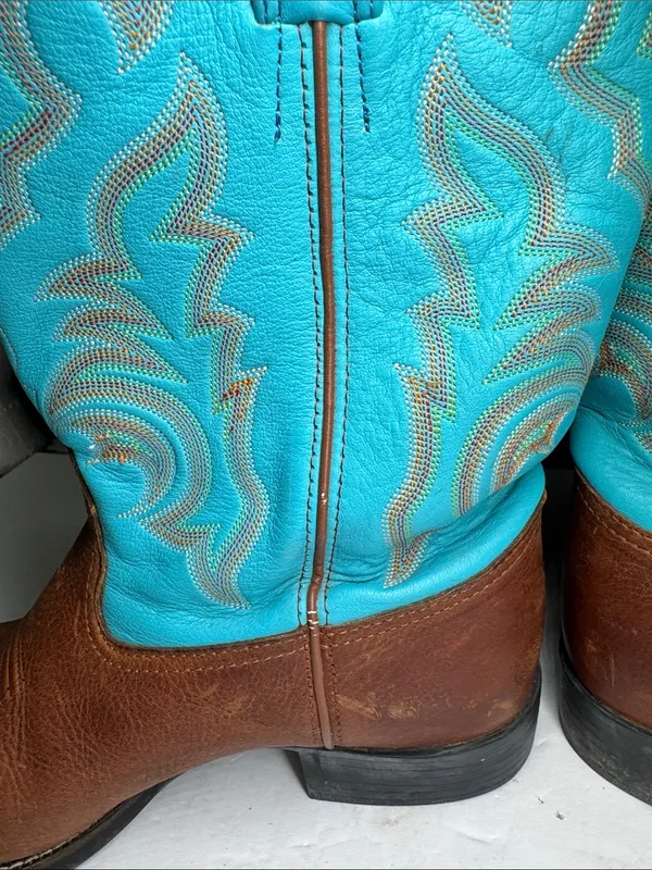 Tony Lama Brown Leather Cowboy Boots with Turquoise Shaft square toe cowgirl 10C - Image 9