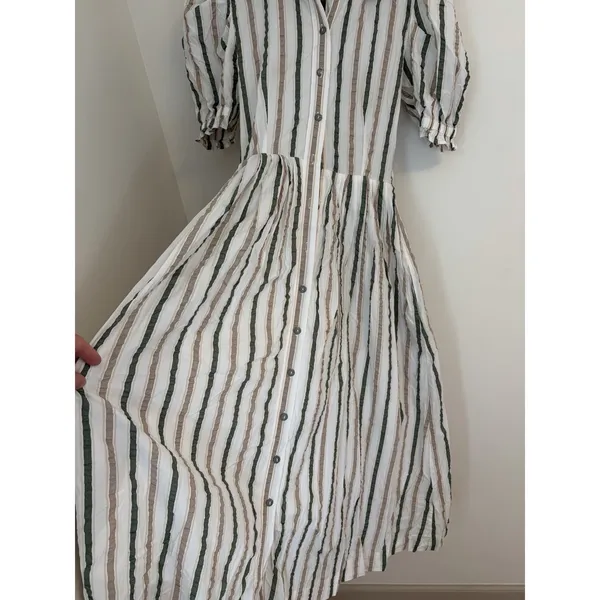Buru Small Midi White Dress Striped Button Down Luxury Brunch VSCO Girl - Image 2