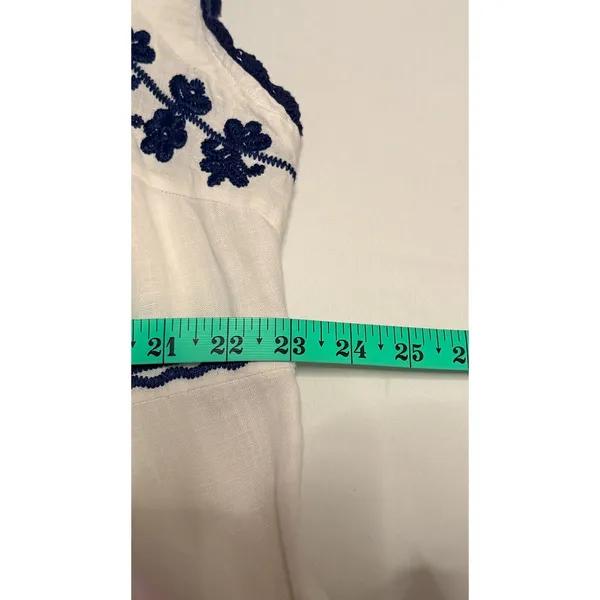 Boden Shift Dress Sz 16 Ivory Navy Blue Embroidered Linen V-Neck Boho Vacation - Image 10