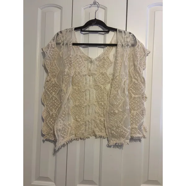 Womens Cream Lace Kimono Vest‎ Boho Crochet Open Front Sleeveless - Image 4