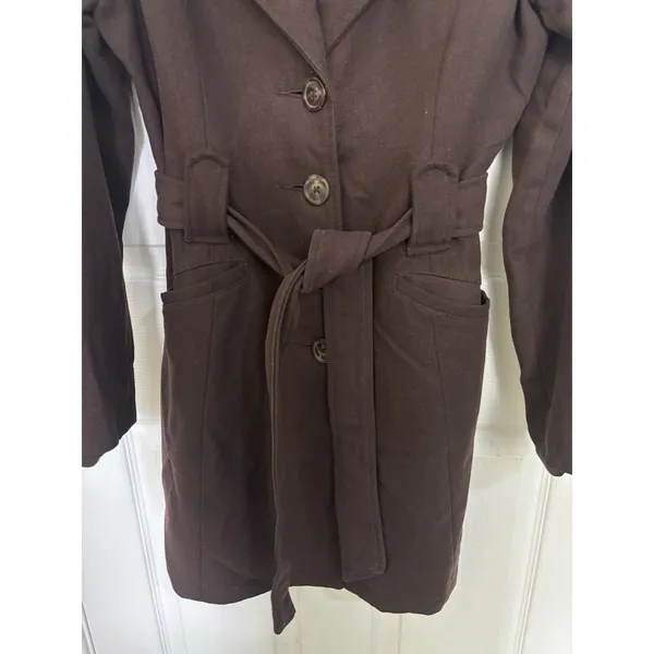 Y2K Merona Brown Wool Blend Belted Trench Coat M Tailored Silhouette Indie - Image 5