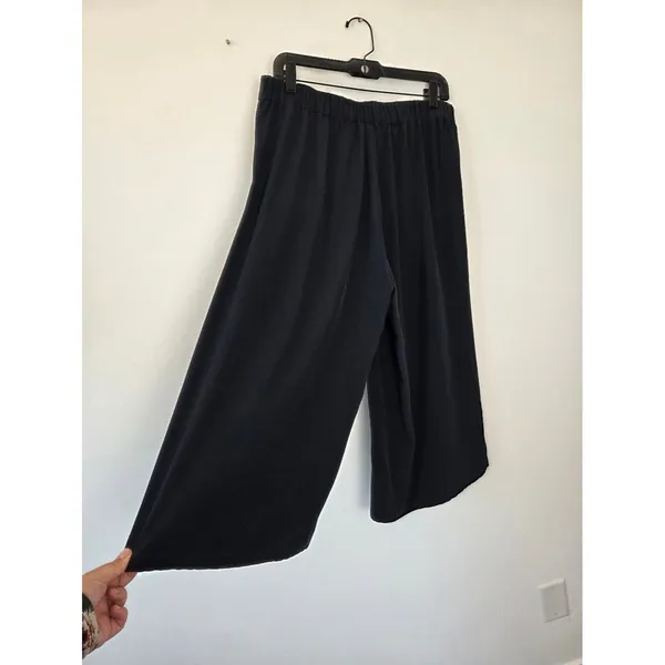 Elaine Kim 100% Silk Wide Leg Cropped Pants Lightweight Navy Blue Pull On Large - Image 6