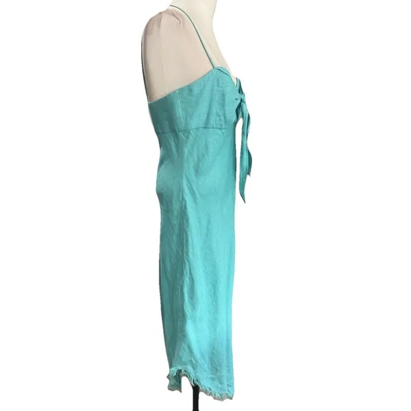 Le Muse Women's 100% Linen Bow Front Asymmetrical Midi Dress Teal Blue Sz 6 - Image 3