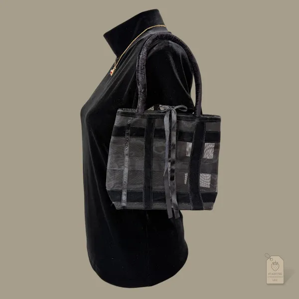 Victoria's Secret Black Sheer Mesh & Velvet Ribbon Tote | Vintage - Image 3
