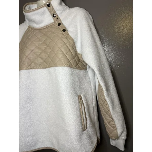 Abercrombie & Fitch Jacket Womens Medium White Tan Quilted Sherpa Fleece Snap - Image 4