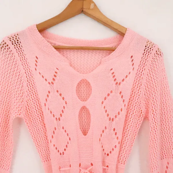 Petal Pink‎ Boho Crochet Coverup Dress Womens Size S Pink Y2K Festival Polyester - Image 4