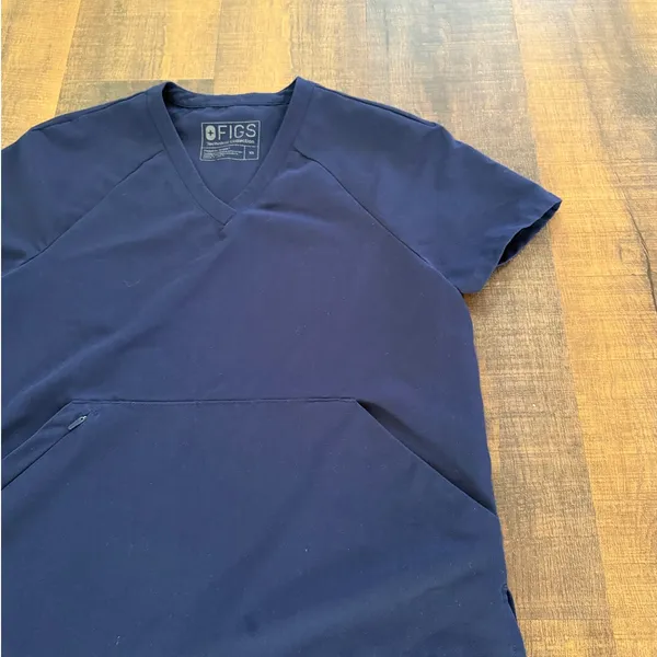 FIGS Navy Blue Technical Collection Hoodie Front Pocket V-Neck Scrub Top XS - Image 4