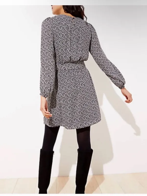 LOFT Ruffle Yolk Neck Tie Waist Long-Sleeve Floral Print Dress - Image 2