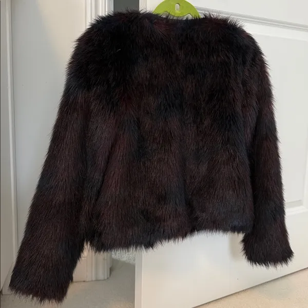 H&M Faux Fur Burgundy + Navy Toned Faux Leather Trim Coat - Image 8