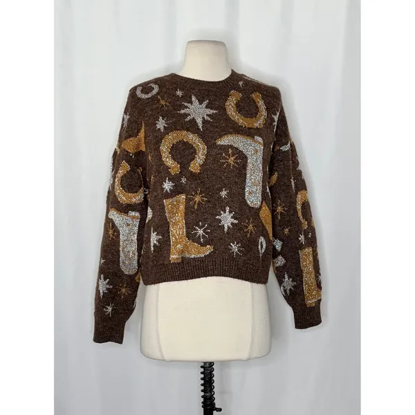 ZARA Western Cosmic Cowboy Boots Stars Jacquard Sweater Metallic Crewneck Small‎ - Image 2
