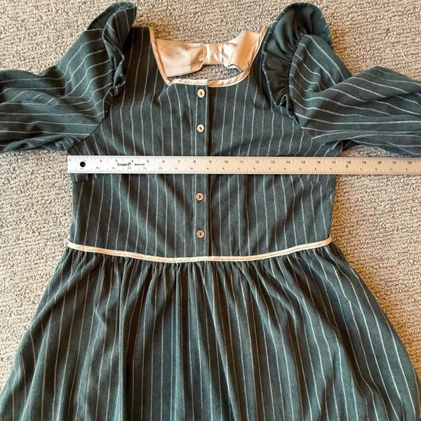 Vintage Style Corduroy Pinstripe Midi Dress Green Puff Sleeve Double Bow Back - Image 5