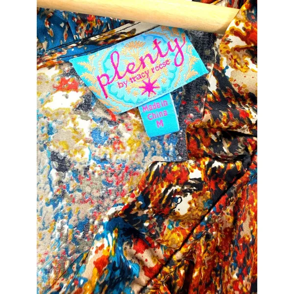 Plenty by Tracy Reese Silk Abstract Print Ruffle V-Neck Dress Blue Orange Medium - Image 3