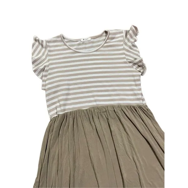 Bombom jersey knit soft ruffle short sleeve tan‎ ivory swing dress sz XL … - Image 5