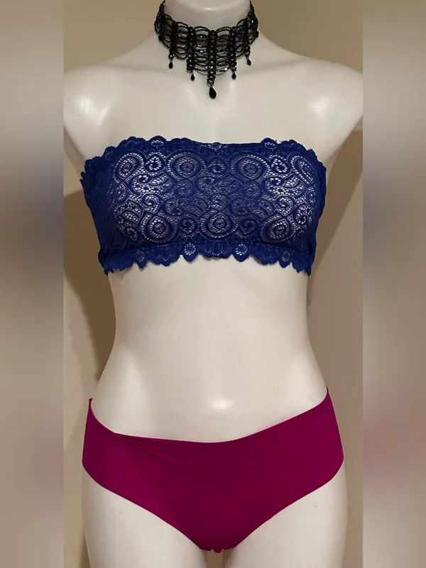 FREE PEOPLE Royal Blue Paisley Sheer Lace Bandeau Bralette Sz S/S-T1 - Image 4