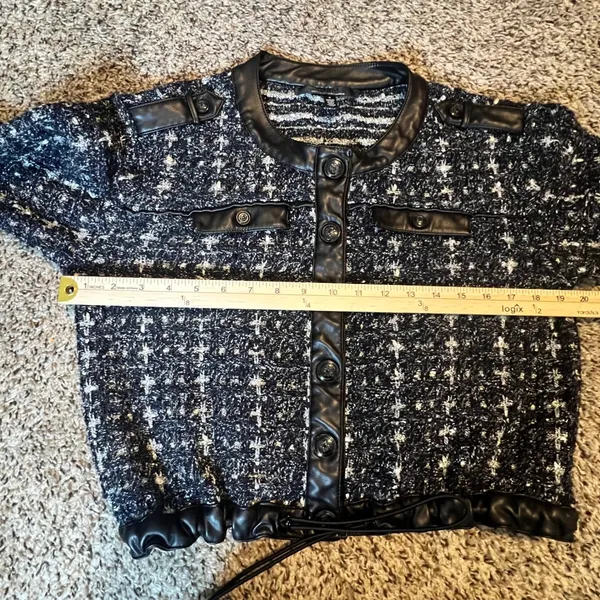 White House Black Market Navy Tweed Cropped Jacket Faux Leather Trim Small‎ - Image 7