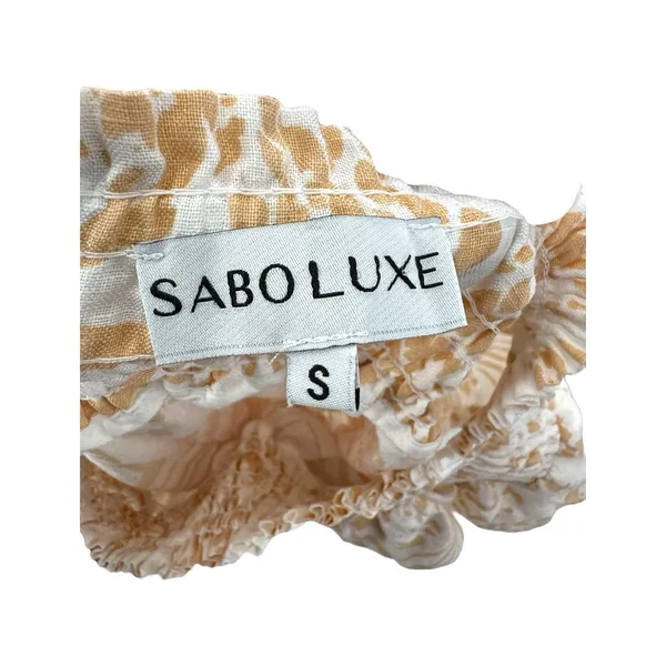 SABO LUXE Camari Linen Dress Smocked Patterned Ruffle Hem‎ White Beige Women's S - Image 10