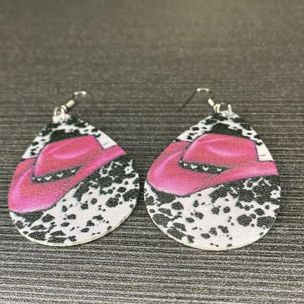 Boho SouthWestern Faux Leather Pink Cowboy Hat Milk Pattern Earrings - Image 4