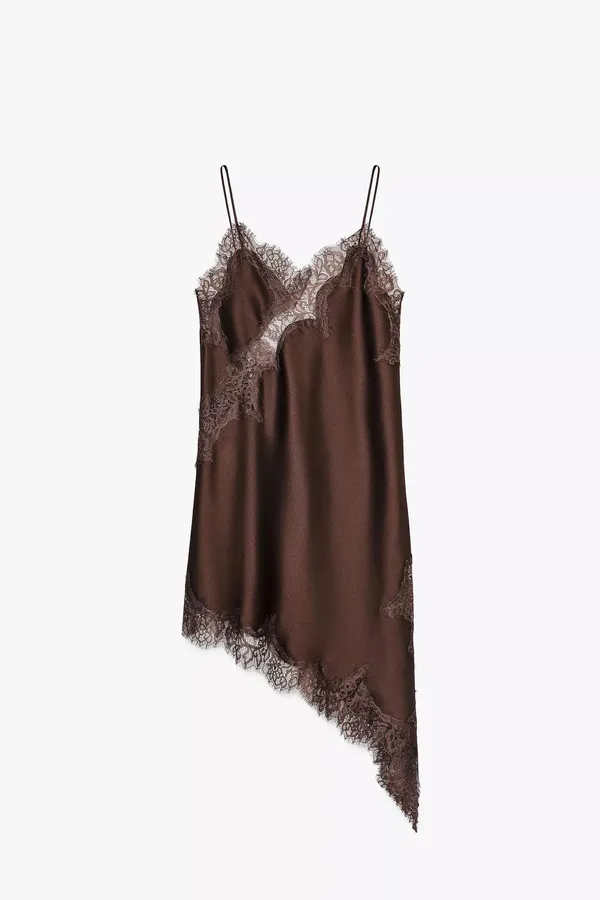 Zara Elegant Brown Lace Slip Satin Mini Asymmetric Dress blogger favorite - Image 11