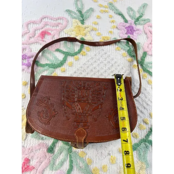 Vintage Hand‎ Tooled Leather Aztec Mayan Calendar Crossbody Saddle Bag Brown - Image 6